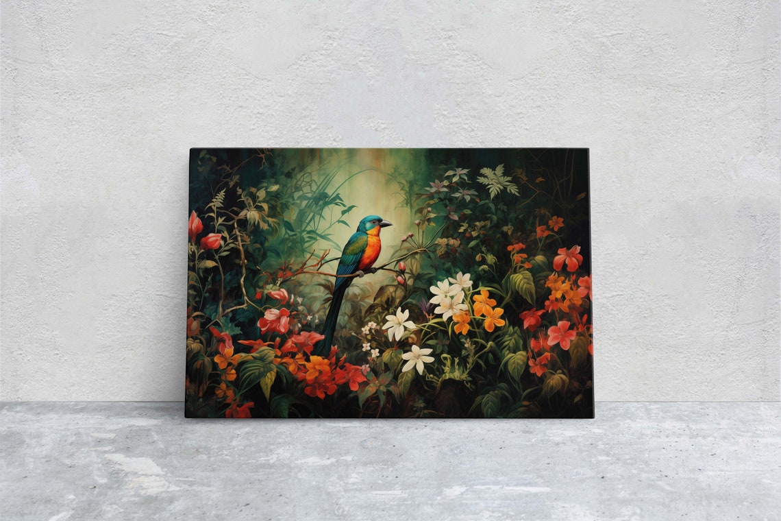 Colorful Songbird Dark Jungle Red Flowers Moody Tropical Art Poster