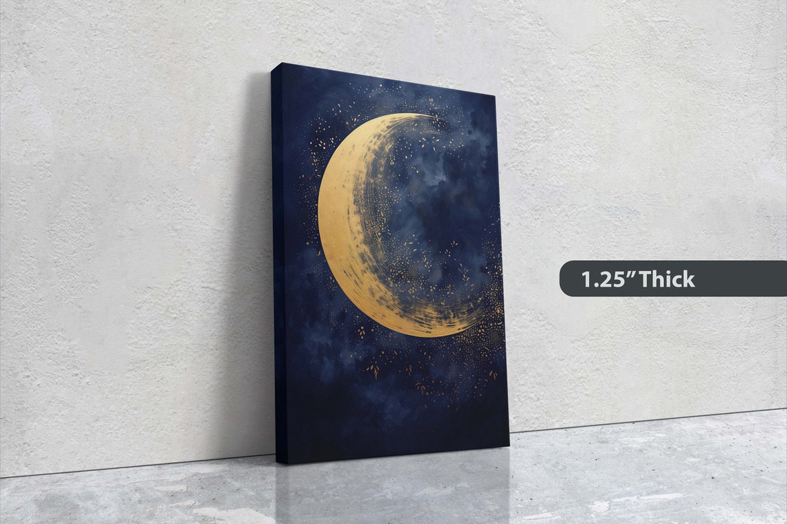 Golden Crescent Moon Deep Indigo Night Sky Stars Celestial Art Poster - Image 3