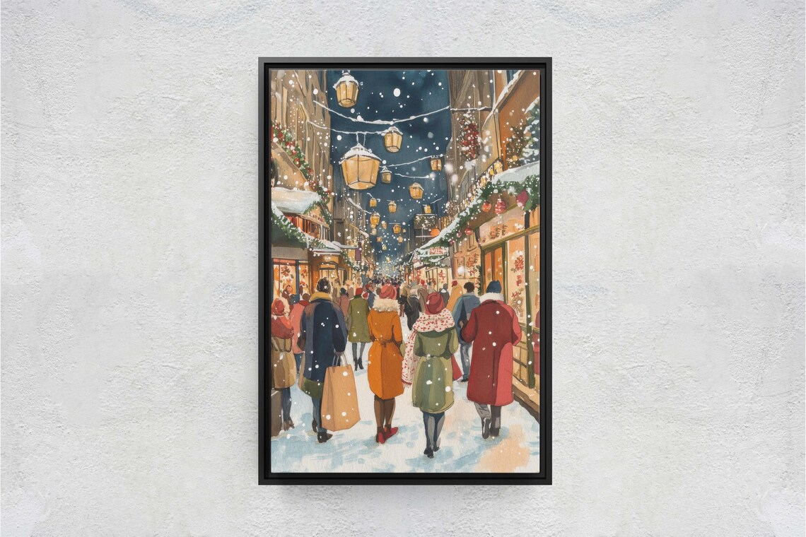 Vintage Christmas Village Shopping Poster Print