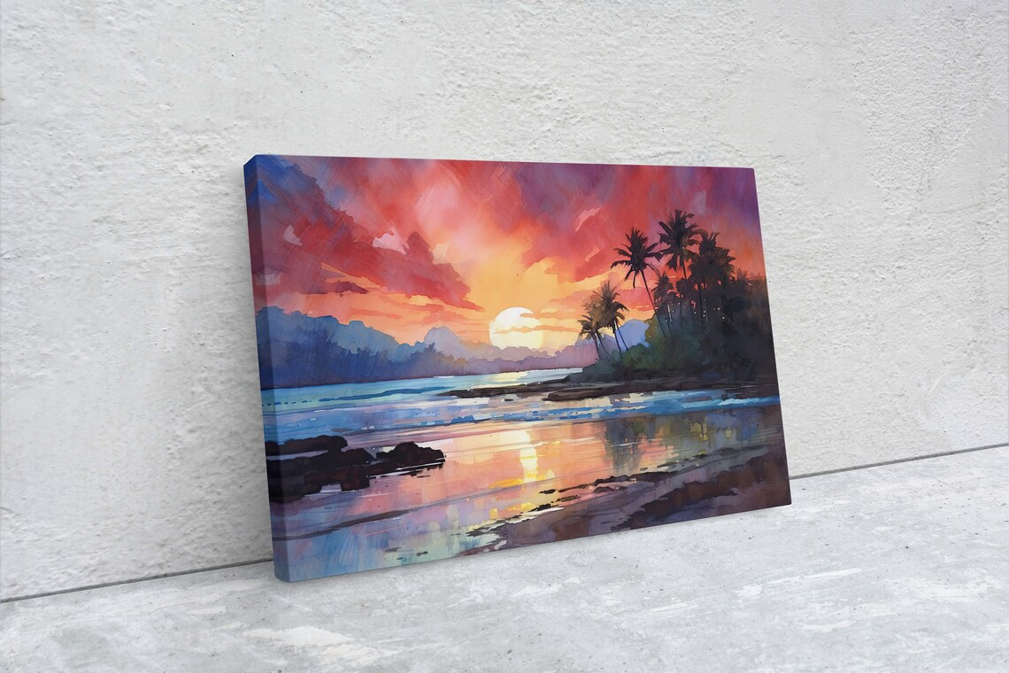 Dusk Beach Watercolor Art Print, Tropical Paradise - Image 2