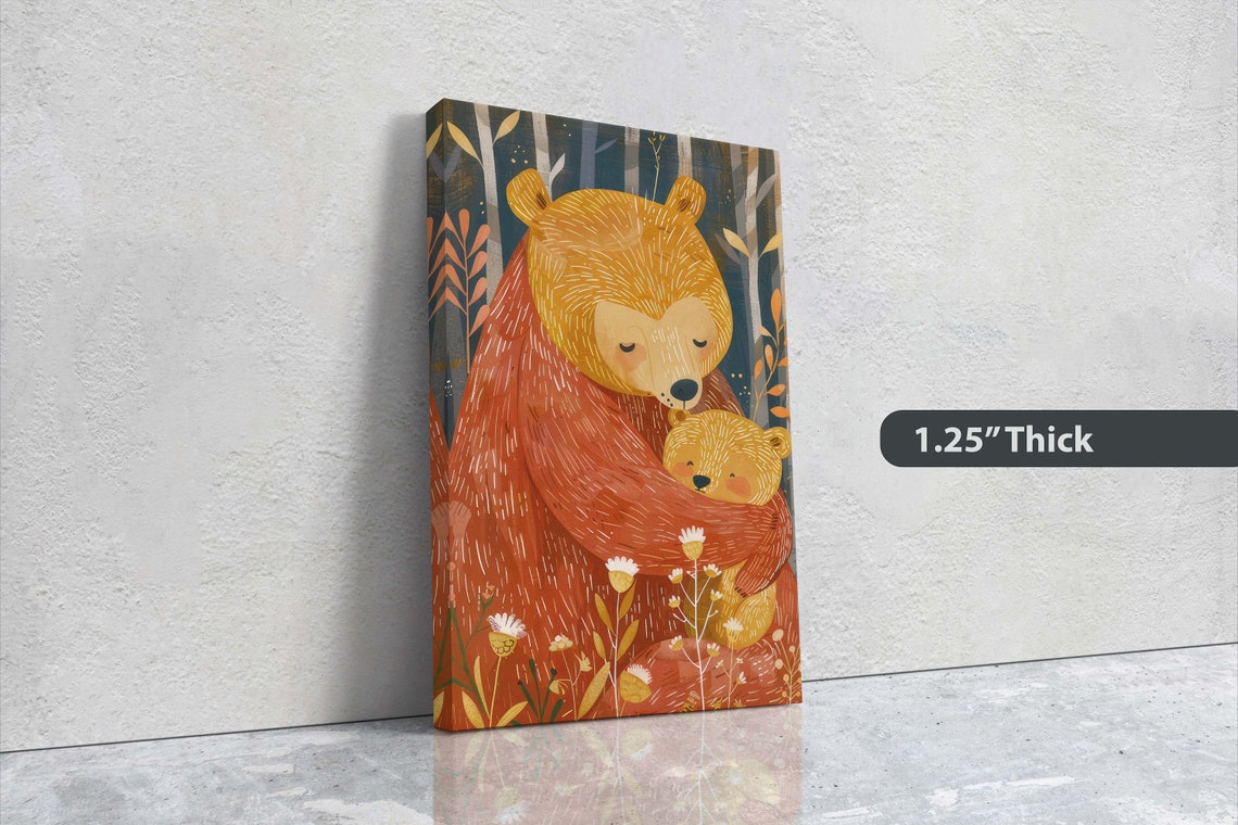 Mama Bear Hugging Cub Forest Illustration Warm Nursery Art Poster - Image 3