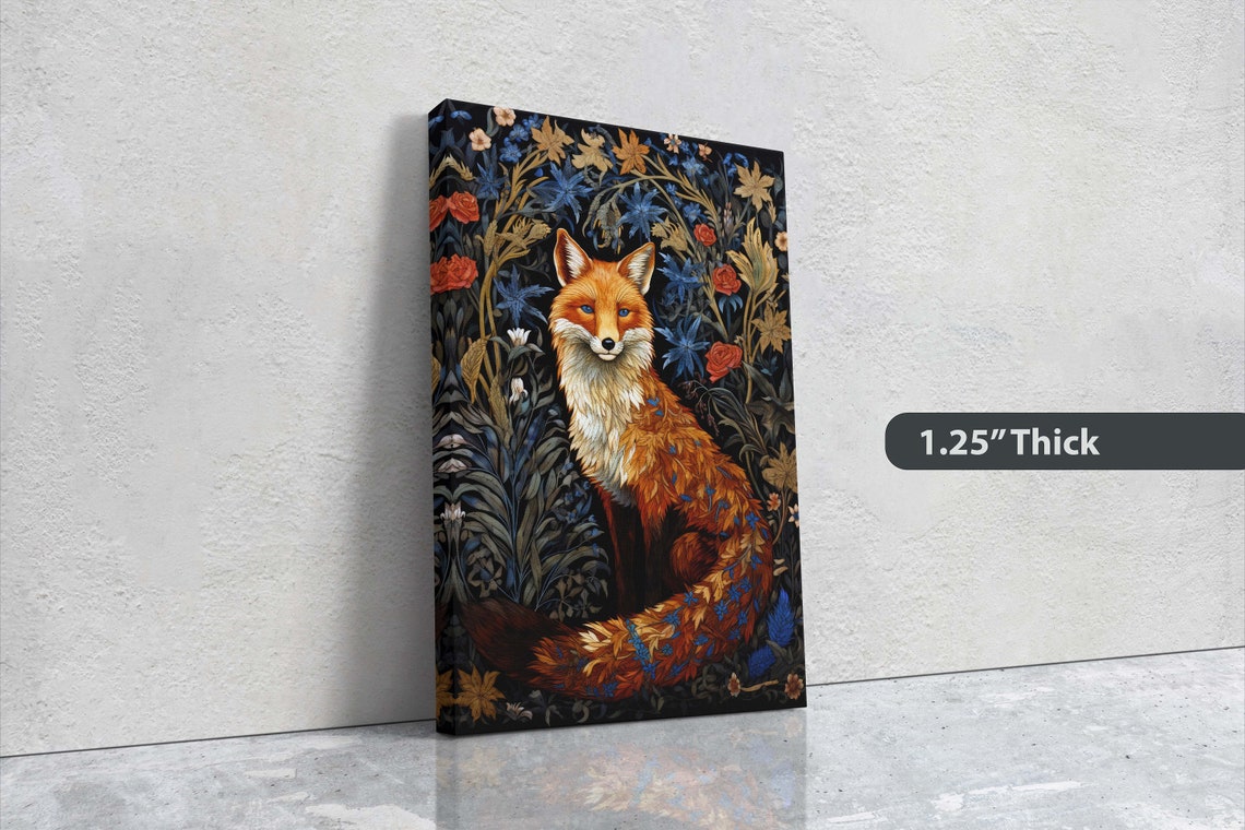 Red Fox Deep Navy Floral William Morris Inspired Botanical Art Poster - Image 3