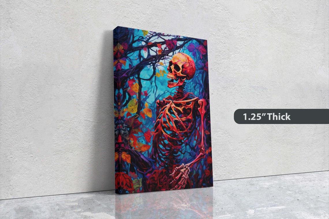 Colorful Skeleton Autumn Leaves Tree Gothic Halloween Art Poster - Image 3