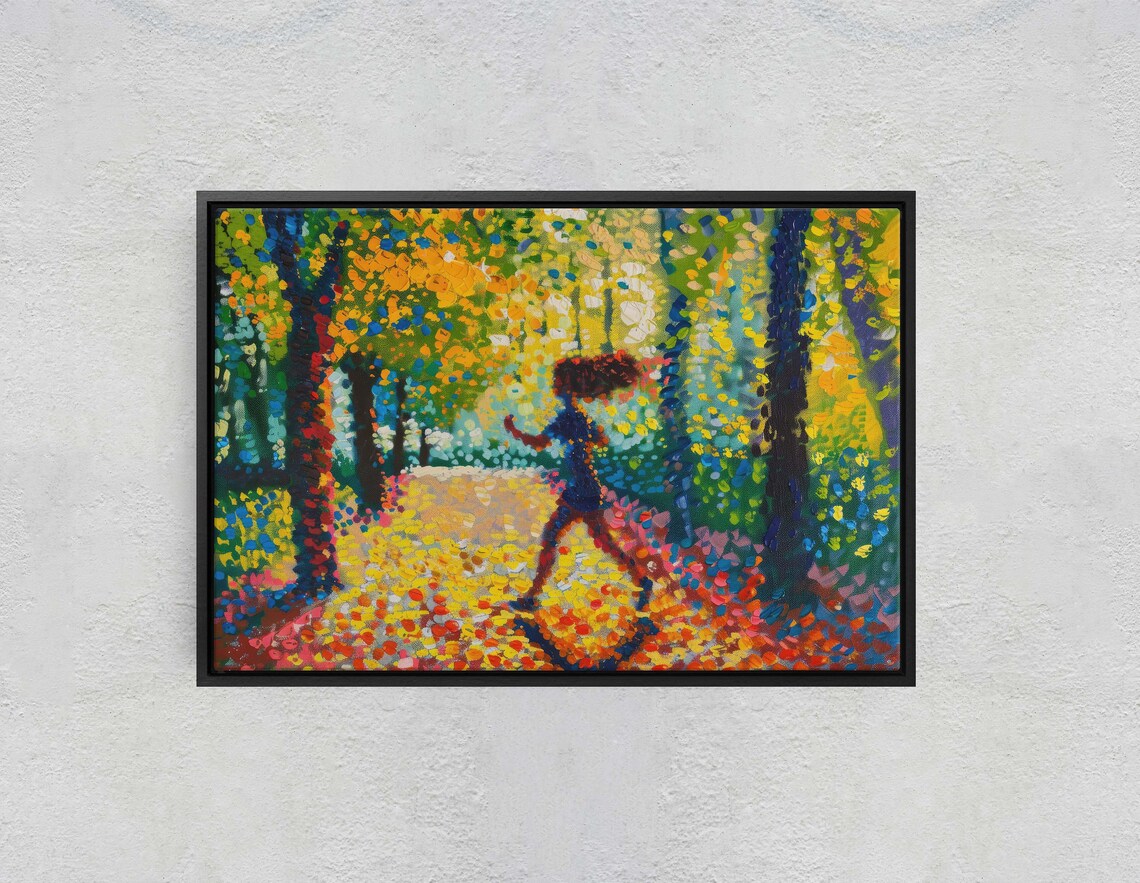 Woman Running Colorful Park Pointillism Autumn Trees Art Poster - Image 2