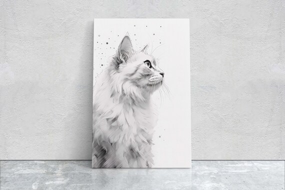 White Cat Profile Portrait Black White Minimal Feline Art Poster