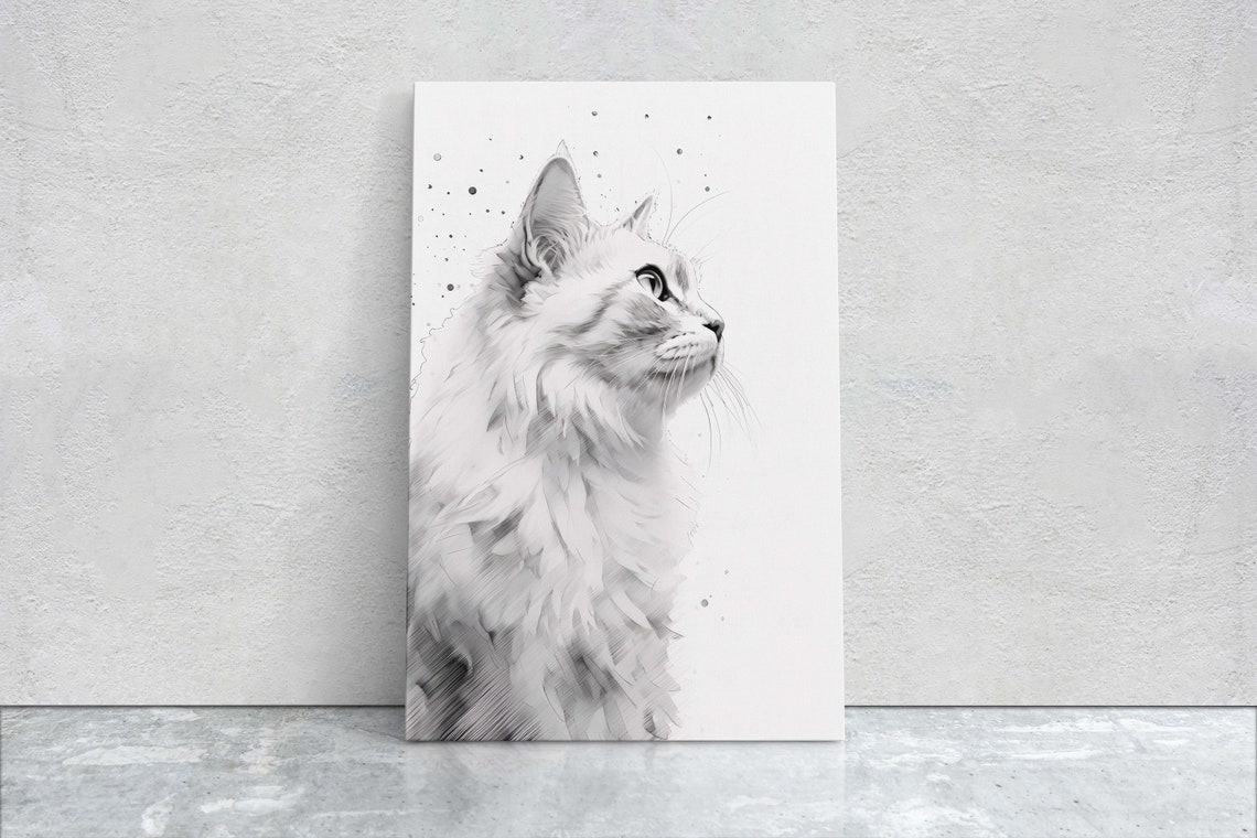 White Cat Profile Portrait Black White Minimal Feline Art Poster