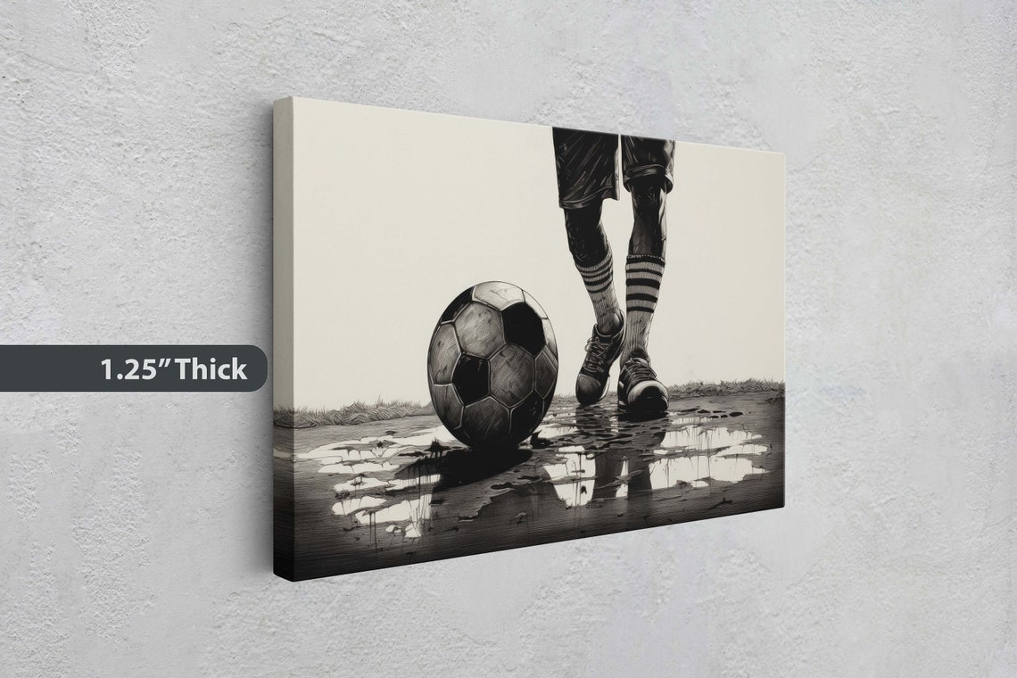 Black And White Soccer Player Ball Wet Ground Sports Action Art Print - Image 3