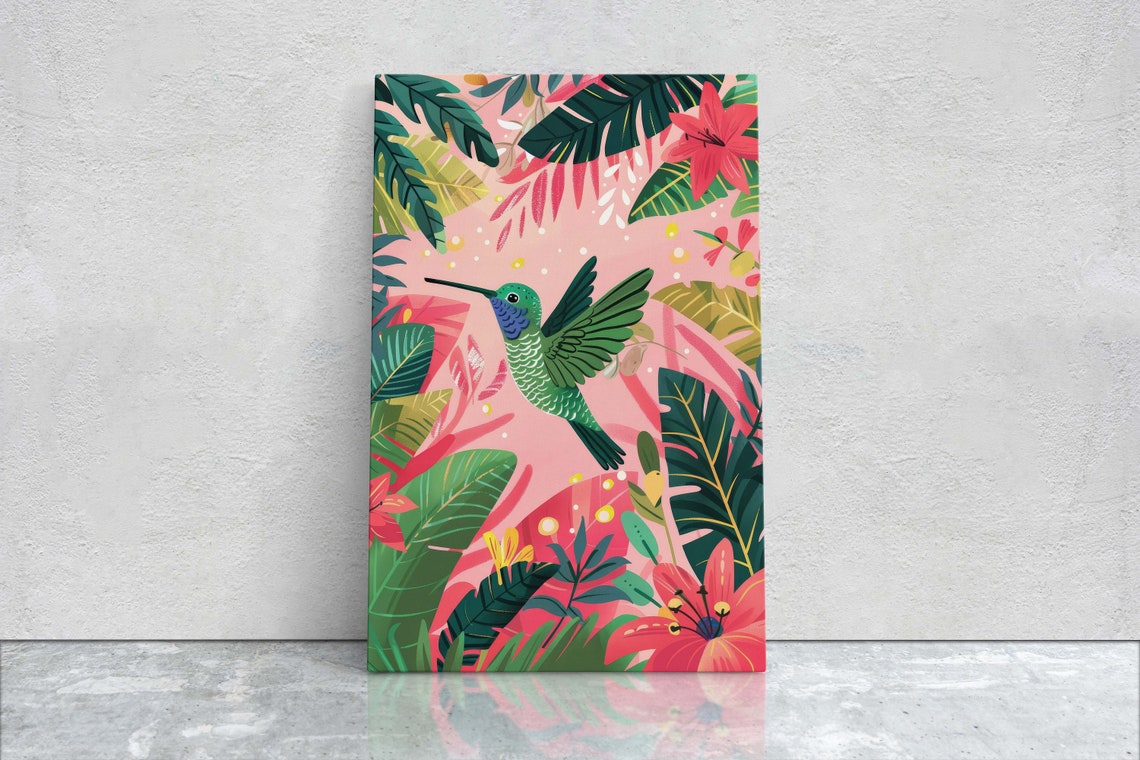 Hummingbird Botanical Jungle Leaf Tropical Flower Illustration Print