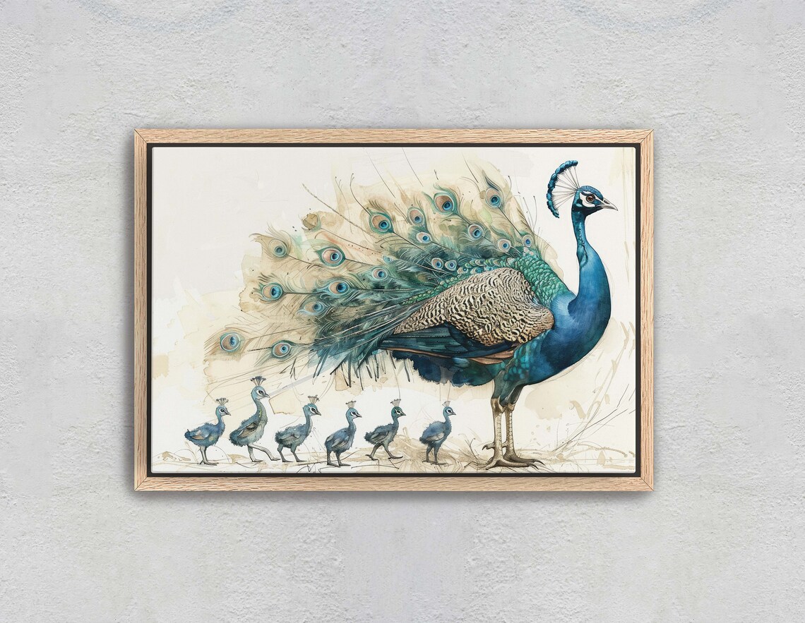 Peacock With Chicks Watercolor Elegant Neutral Bird Family Art Poster - Image 2