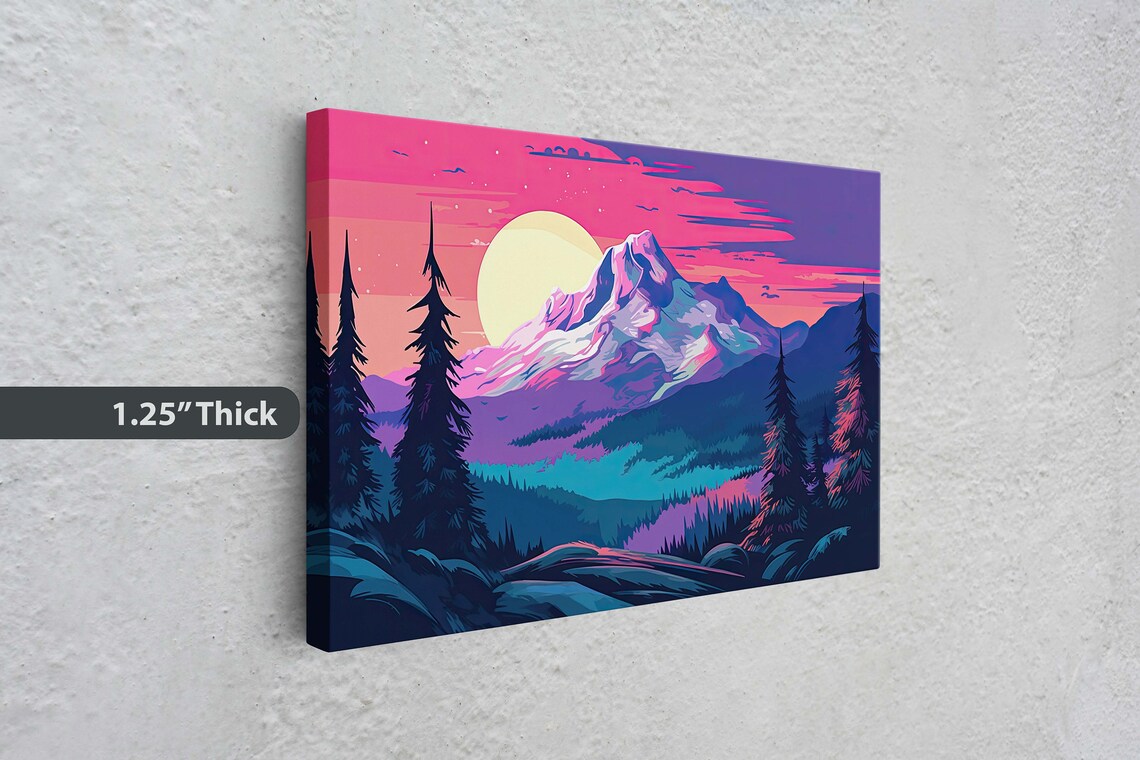 Neon Pink Sunset Snowy Mountain Peak Big Sun Vaporwave Art Poster - Image 3