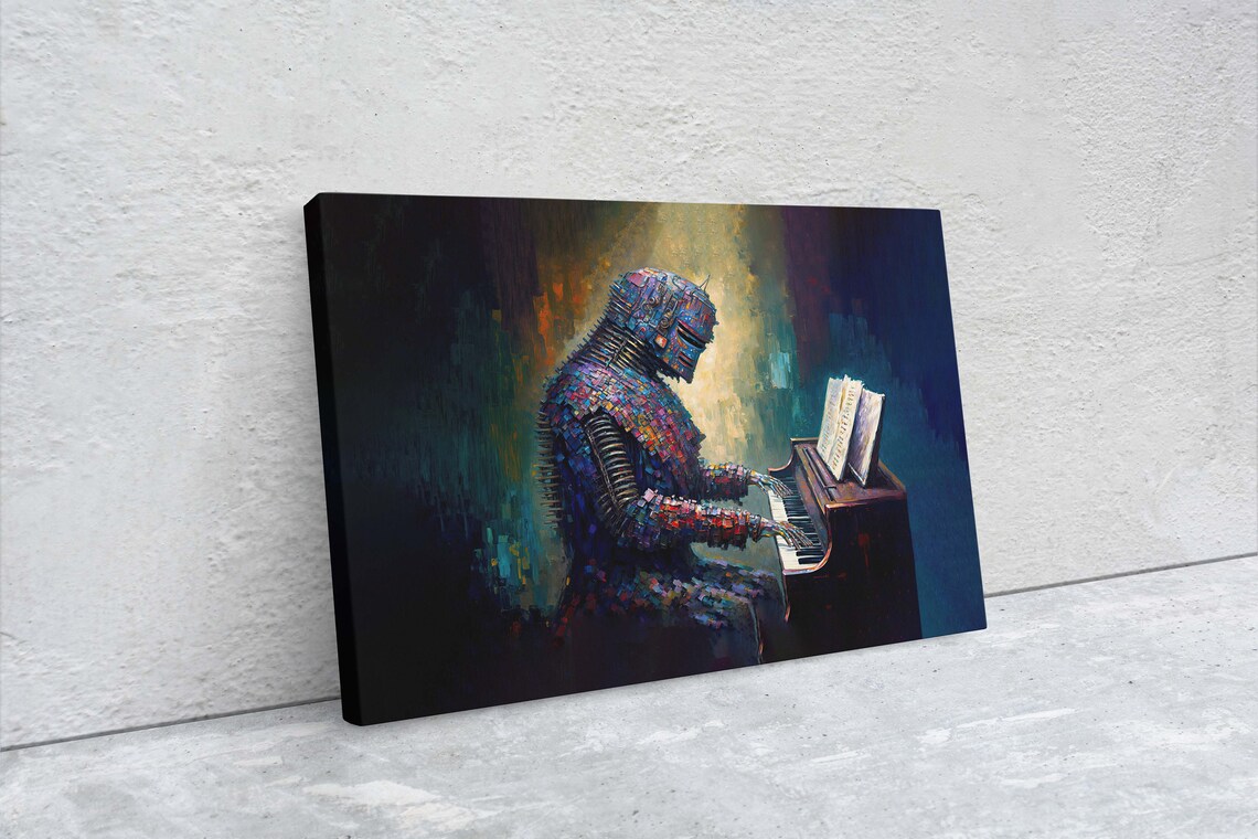 Mosaic Robot Playing Piano Spotlight Surreal Colorful Canvas Art Poster - Image 2