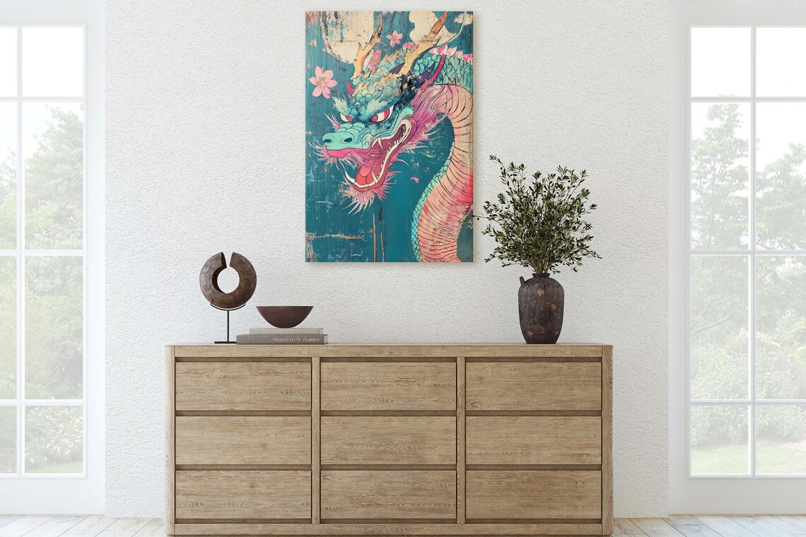 Vintage Japanese Dragon Head Cherry Blossom Teal Wood Poster - Image 3