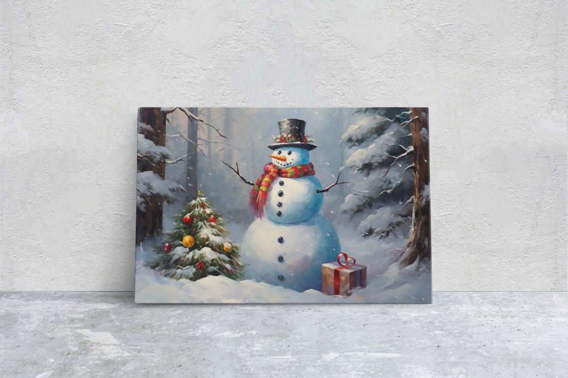Snowman With Present Christmas Holiday Art Print