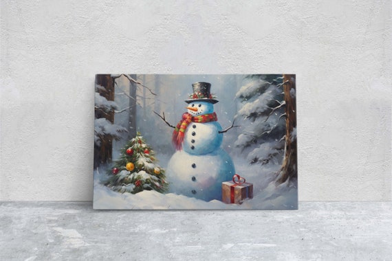 Snowman With Present Christmas Holiday Art Print