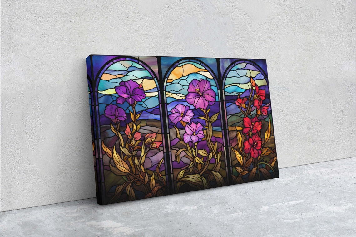 Stained Glass Wildflower Triptych Window Pink Purple Red Art Print - Image 2