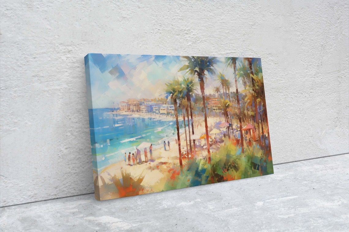 Watercolor Beach On Beach Town Ocean Resort Tropical Vacation Beach Front Water Sunset Palm Trees Blue Water - Image 2
