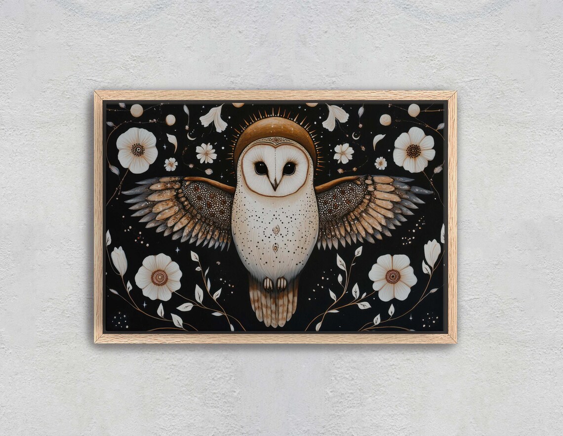 Barn Owl Celestial Folk Art Print, Cottagecore