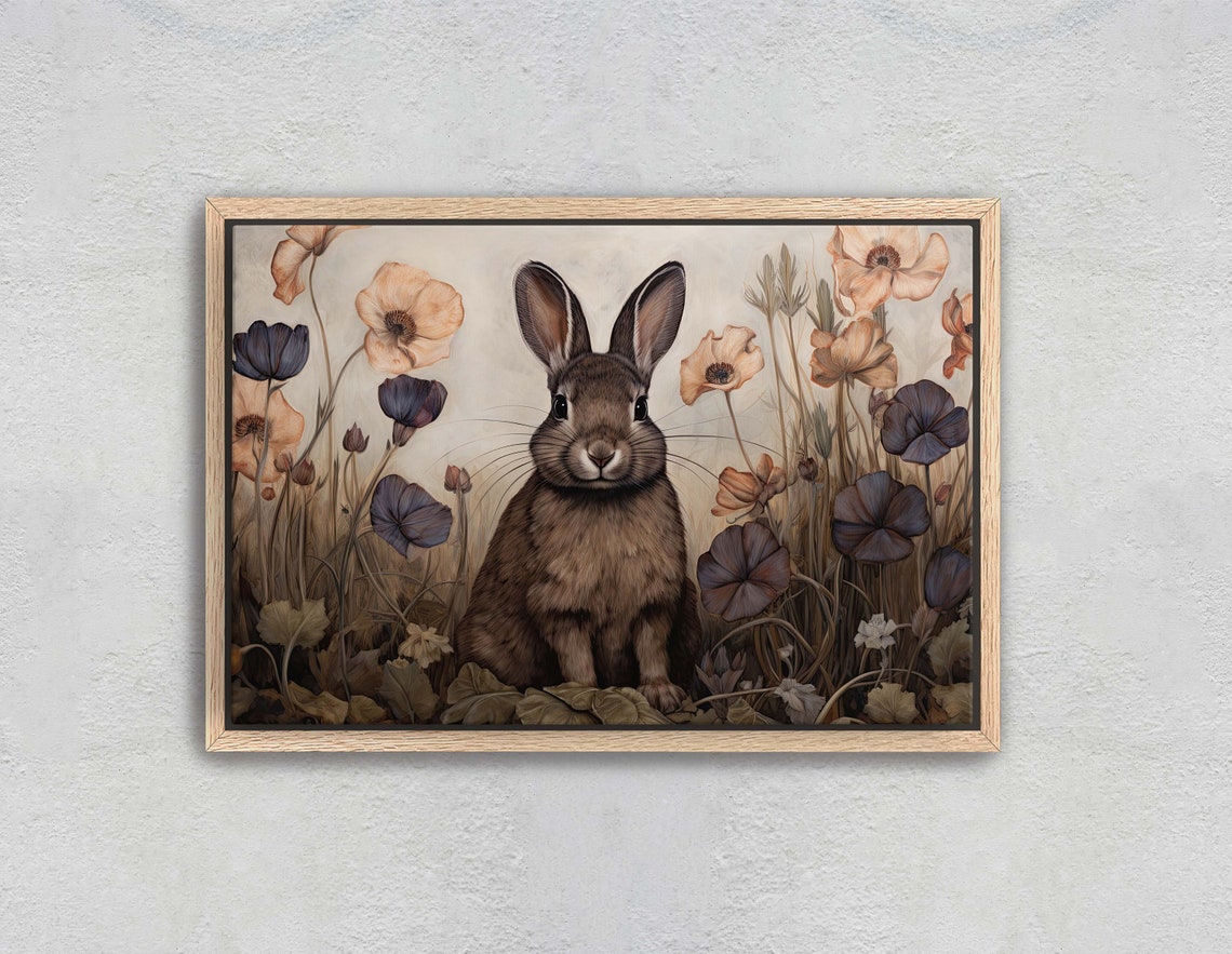 Brown Bunny Among Wildflowers Earth Tone Floral Vintage Art Poster - Image 2