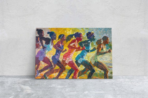 Women Track Running Painting Pointillism Womens Sports Girls Sports Track And Field Athlete Art Sports Decor