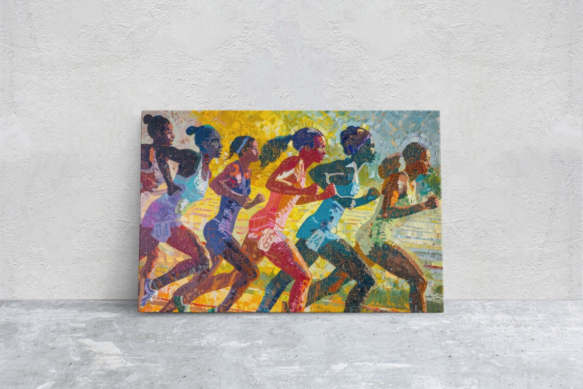 Five Women Sprinters Mosaic Style Colorful Track Athletic Art Poster