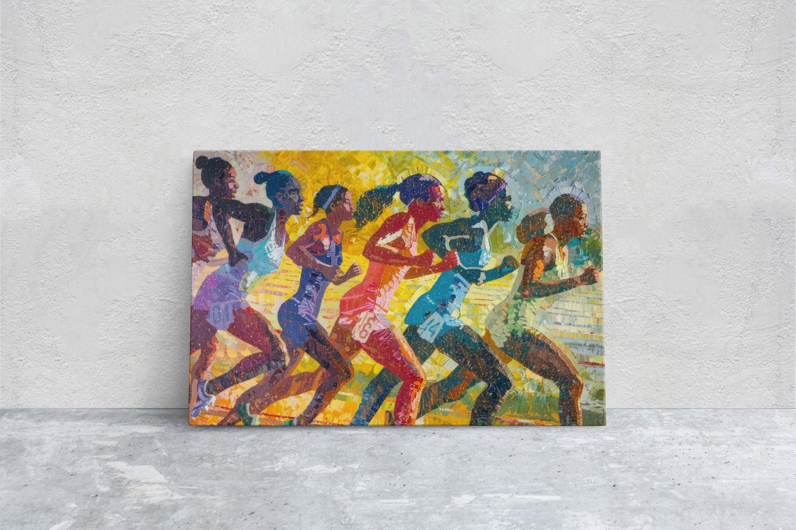 Women Track Running Painting Pointillism Womens Sports Girls Sports Track And Field Athlete Art Sports Decor