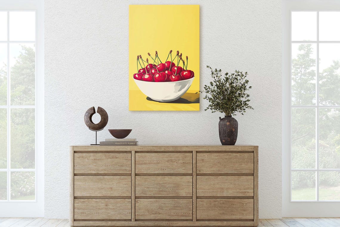 Pop Art Bowl Of Red Cherries On Bright Yellow Kitchen Poster - Image 3