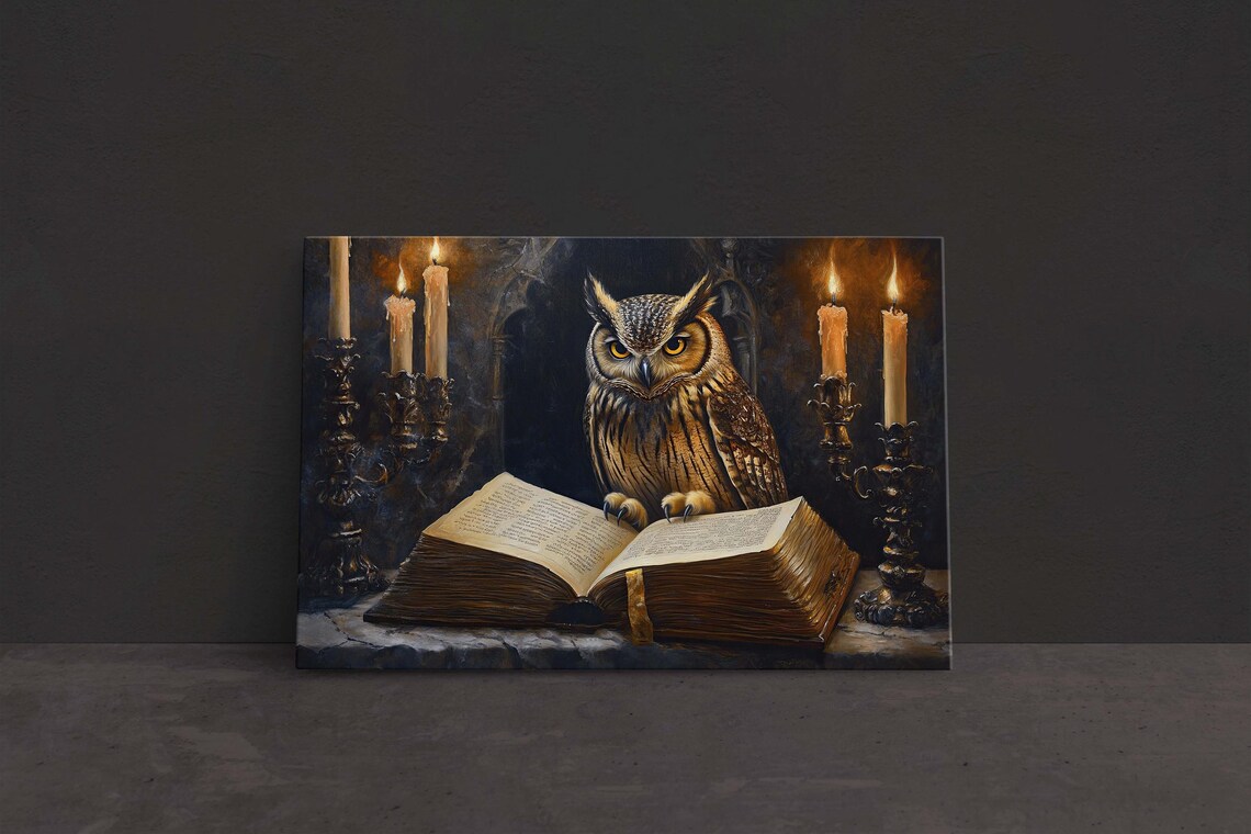 Great Horned Owl on Open Spell Book With Candles Gothic Halloween Print - Image 3