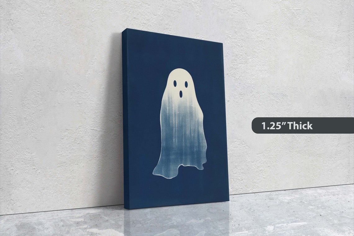 Cute Minimalist Ghost Navy Blue Halloween Spooky Decor Art Poster - Image 3