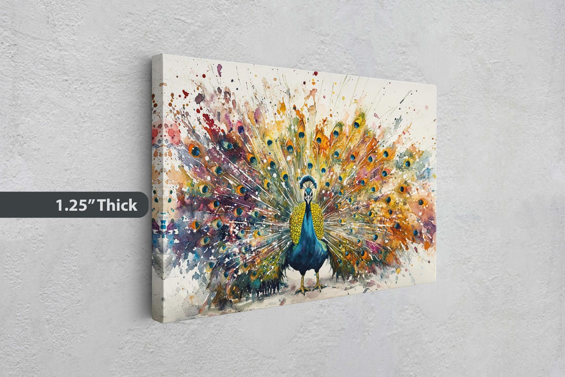 Colorful Peacock With Fanned Tail Watercolor Splash Art Bird Wall Art - Image 3