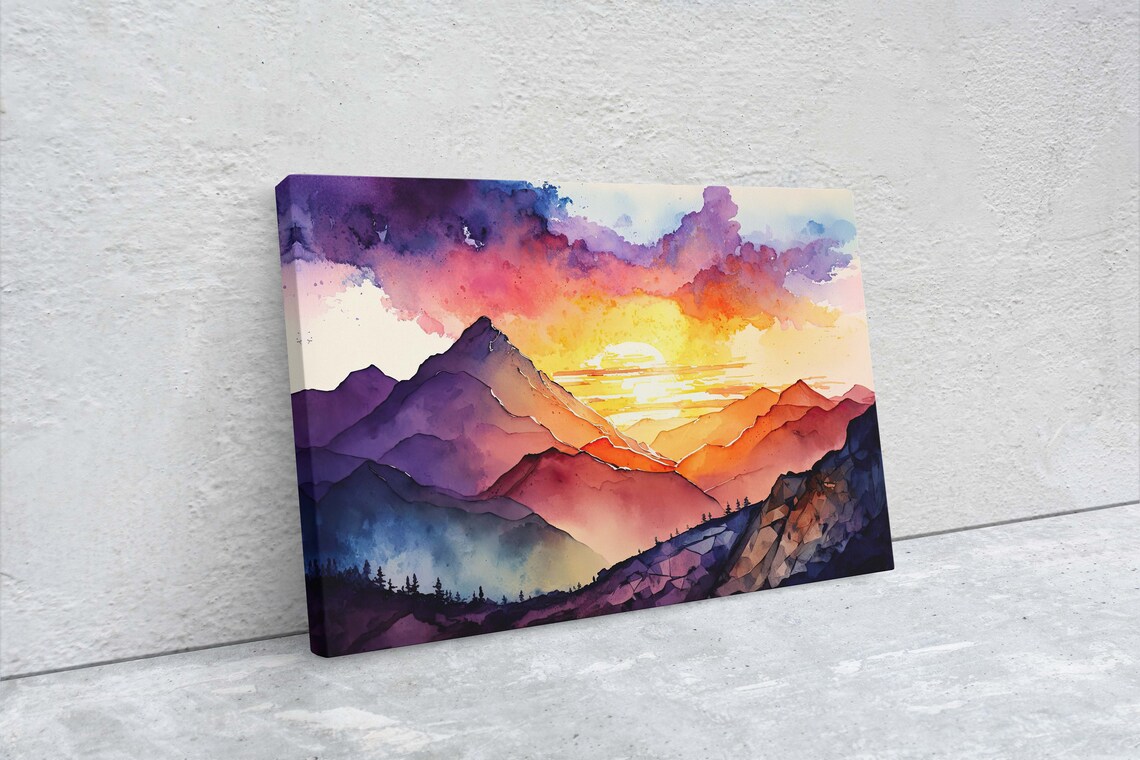 Watercolor Mountain Sunset Vibrant Pink Purple Peaks Valley Poster - Image 2