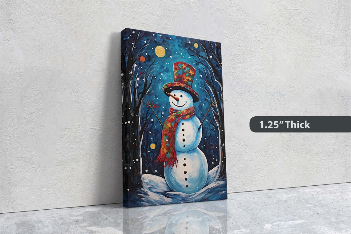Snowman Colorful Patchwork Top Hat Starry Winter Night Sky Art Poster - Image 3