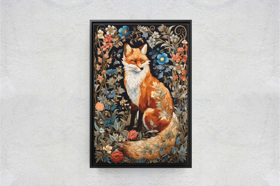 Red Fox William Morris Style Floral Garden Dark Botanical Art Poster - Image 2
