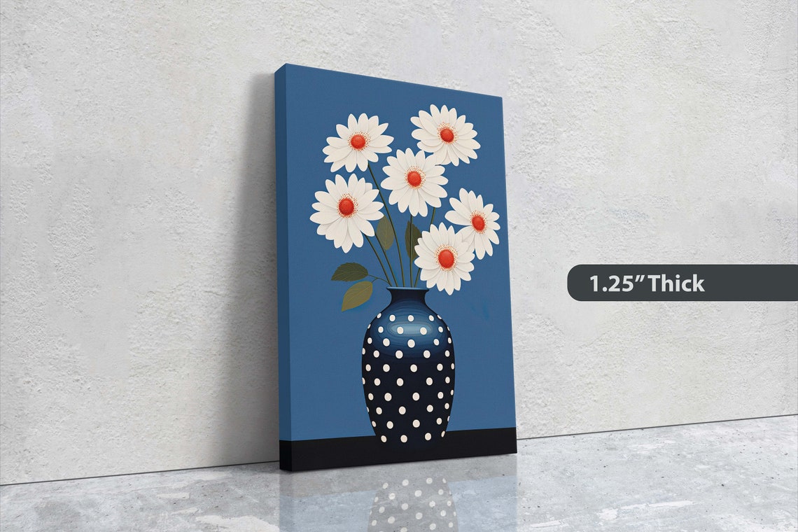White Daisies Polka Dot Vase Blue Background Modern Floral Art Print - Image 3