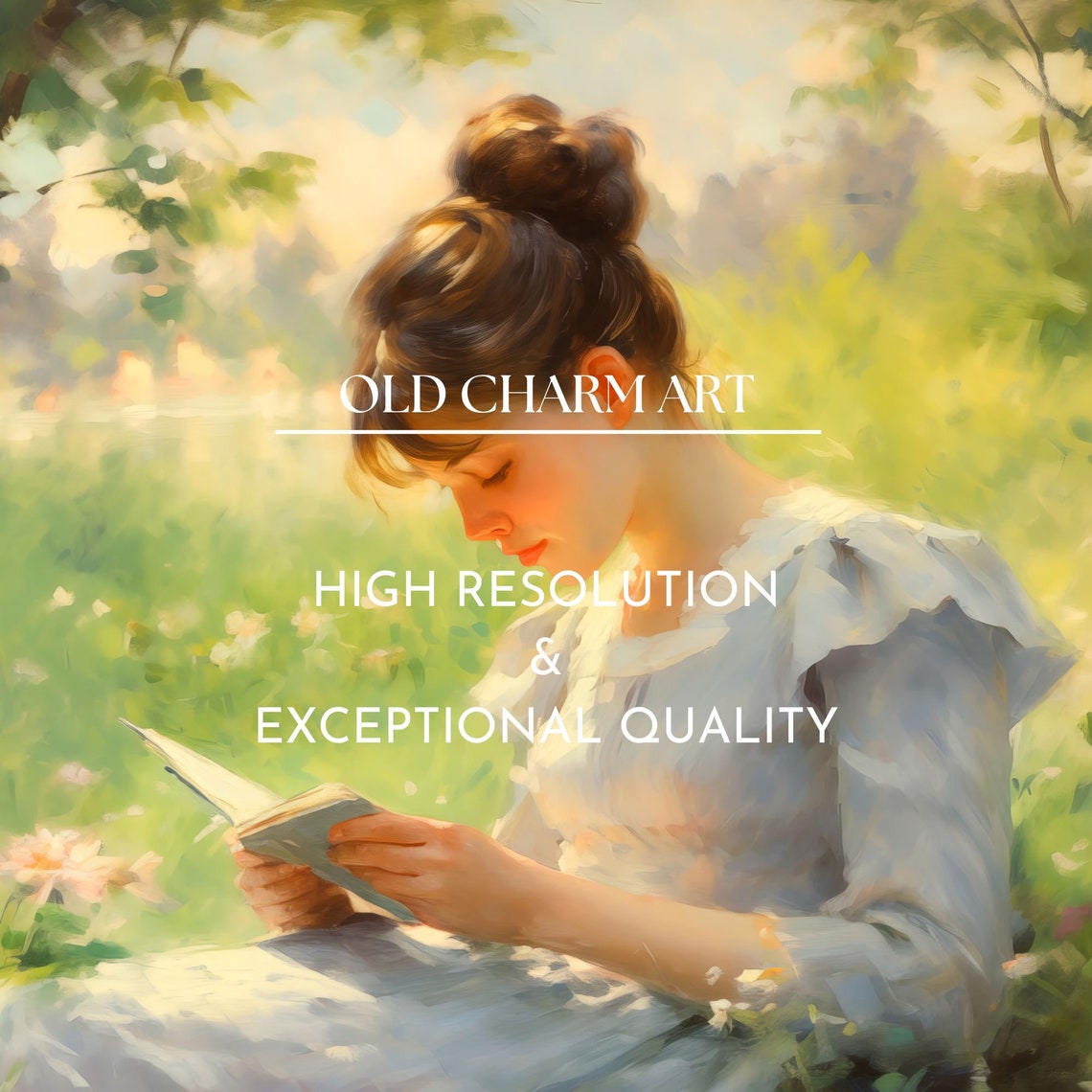Young Woman Reading Book in Sunlit Meadow Flower Garden Poster - Image 4
