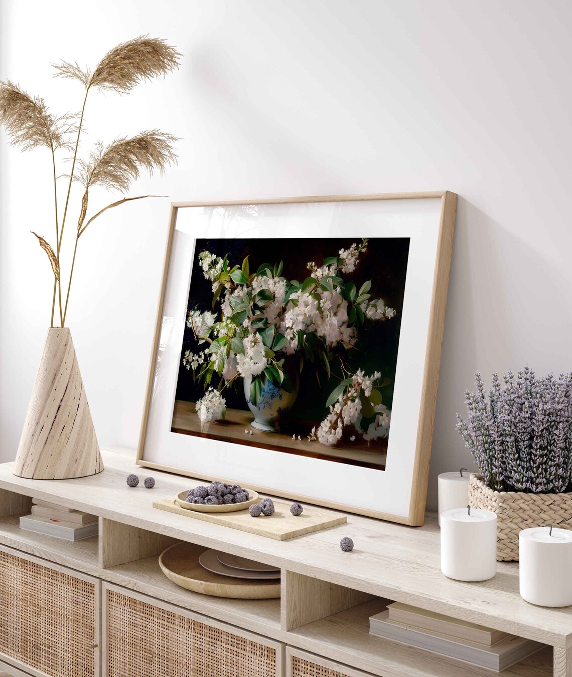 White Blossom Branches In Blue Porcelain Vase Dark Still Life Poster - Image 4