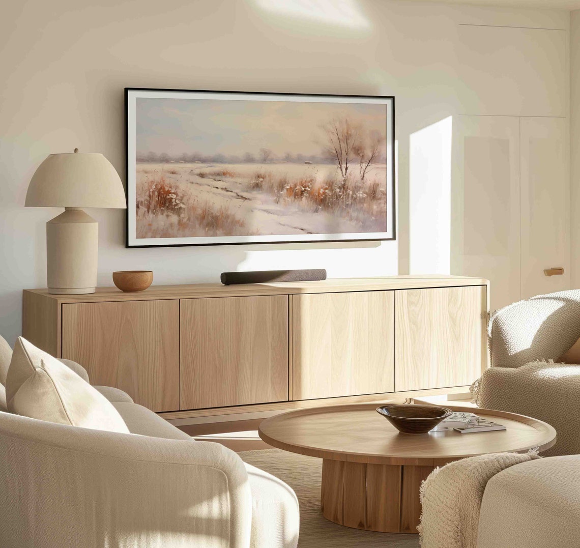 Snowy Winter Field Frosted Meadow Calm Landscape Frame TV Poster