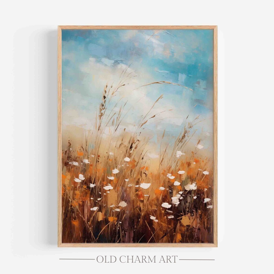 Bright Wildflower Meadow Tall Grasses Blue Sky Oil Painting Poster