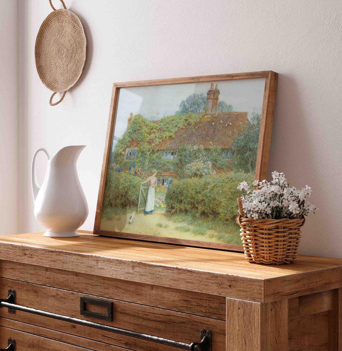 English Thatched Cottage with Ivy and Flower Garden Vintage Art Poster - Image 2