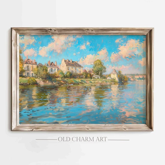 River Landscape Painting Vintage Landscape Print Farmhouse Wall Art Cottagecore Art Decor Wa61