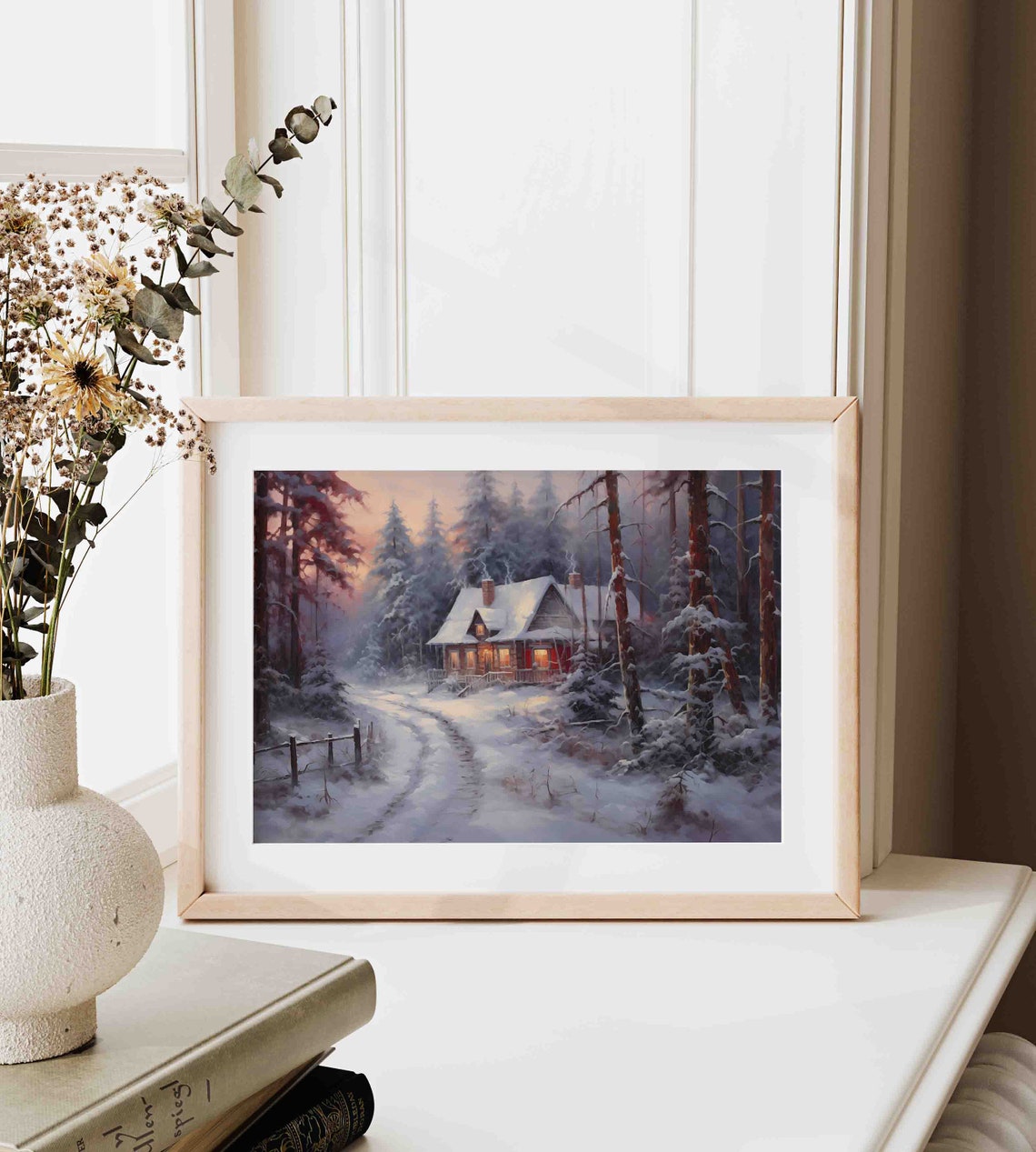 Snowy Forest Cabin Glowing Windows Christmas Dusk Painting Poster - Image 4