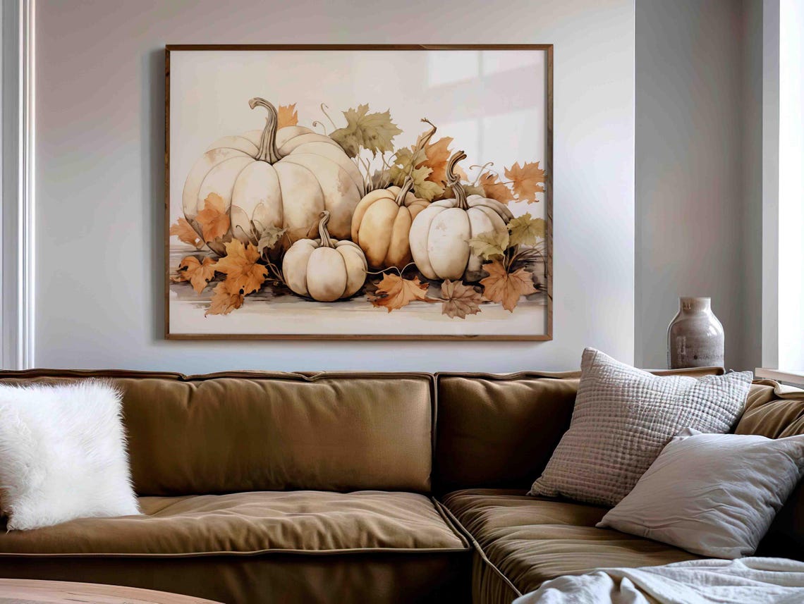 White Pumpkins And Autumn Leaves Neutral Fall Still Life Poster - Image 3