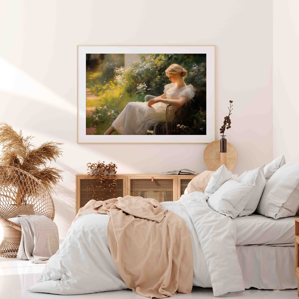 Woman in a White Dress Reclining in a Sunny Flower Garden Art Print - Image 3