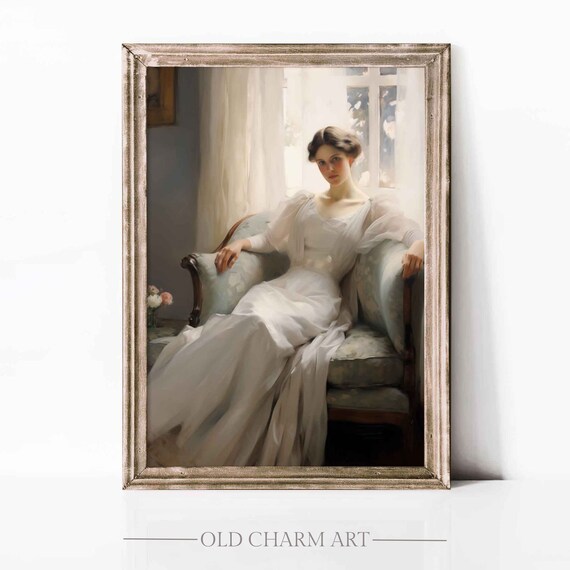 Woman in White Gown Reclining on Chaise Lounge Portrait Poster