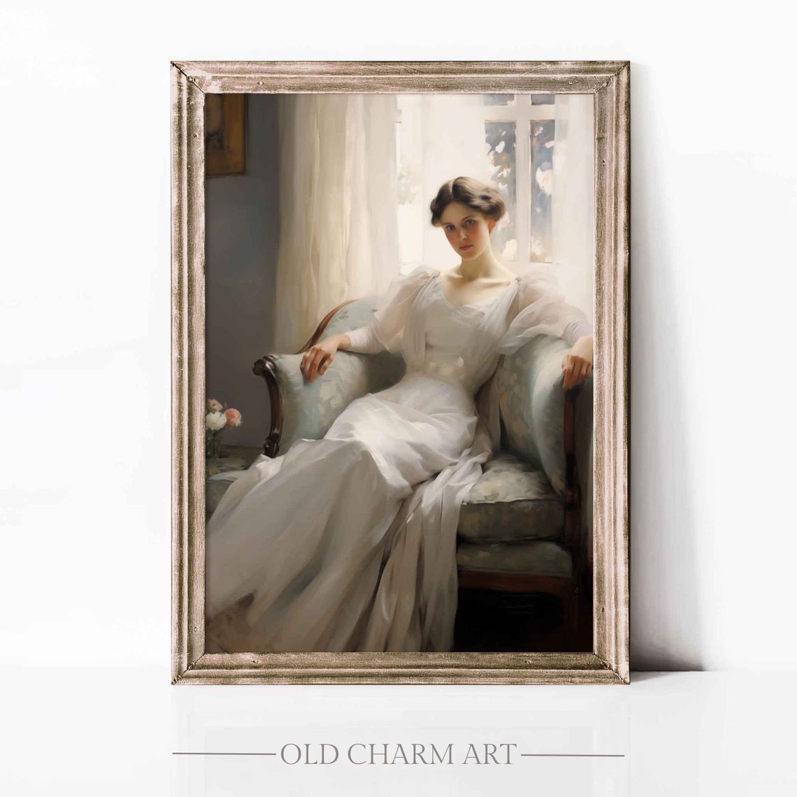 Woman in White Gown Reclining on Chaise Lounge Portrait Poster