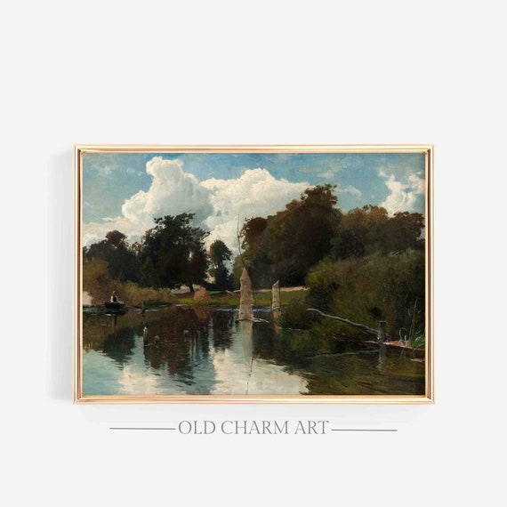 Rustic Landscape Art Vintage Riverside Painting Country Farmhouse Wall Art Cottagecore Art Poster Wa55