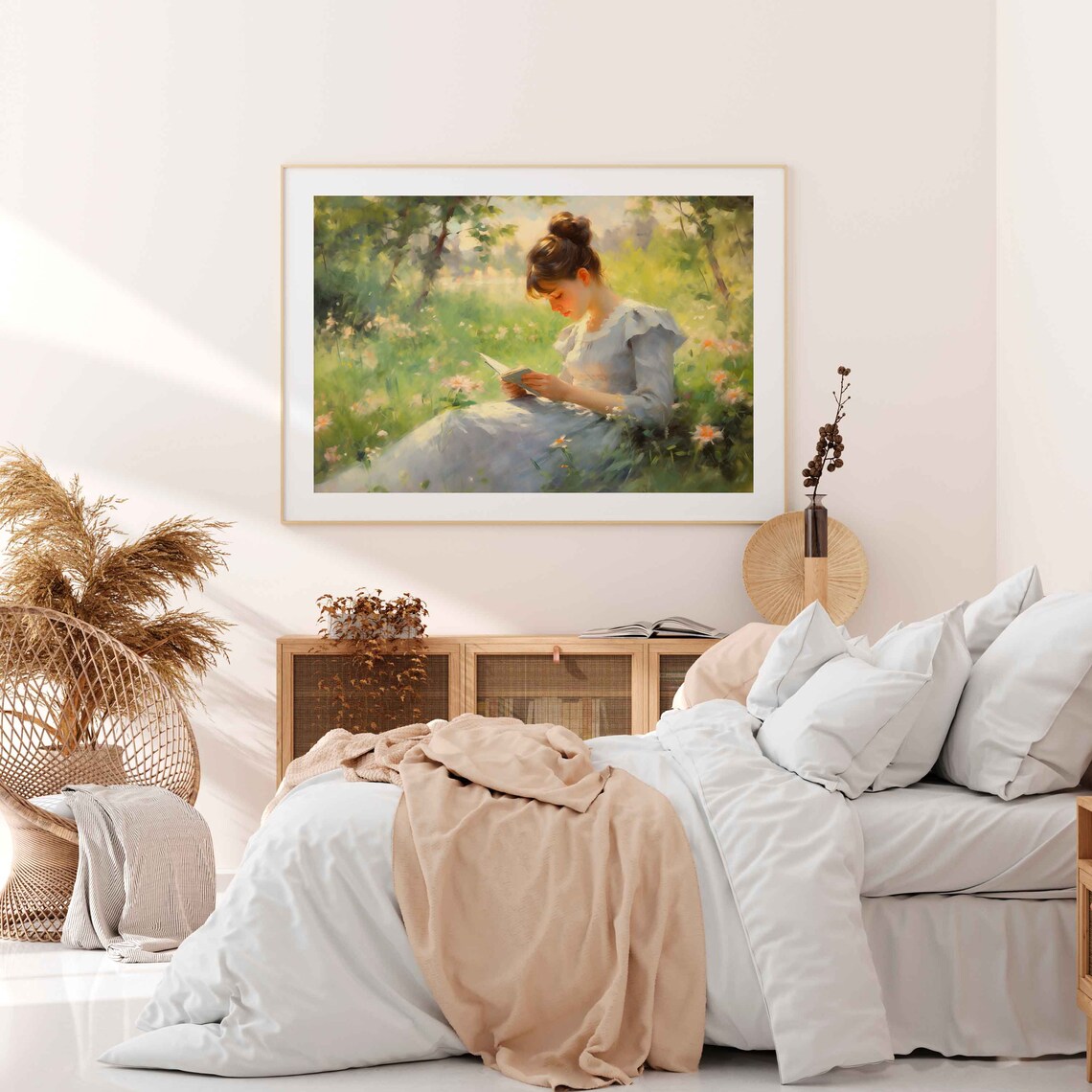 Young Woman Reading Book in Sunlit Meadow Flower Garden Poster - Image 3
