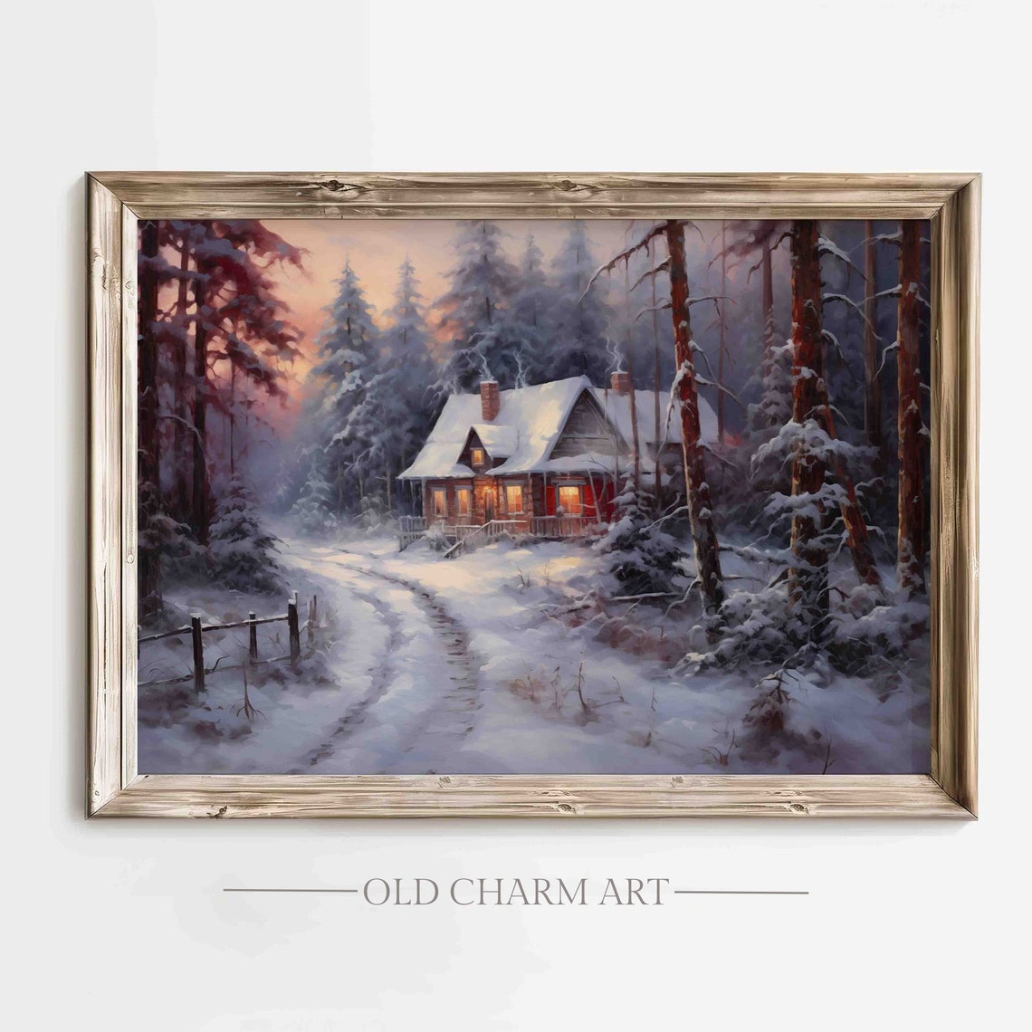 Snowy Forest Cabin Glowing Windows Christmas Dusk Painting Poster