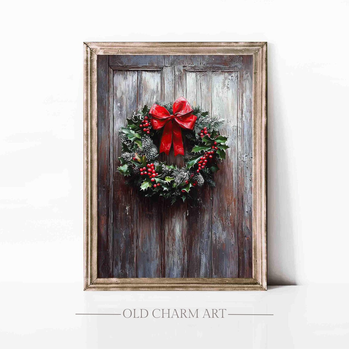 Holly Berry Wreath With Red Bow Hanging On Rustic Wooden Door Poster