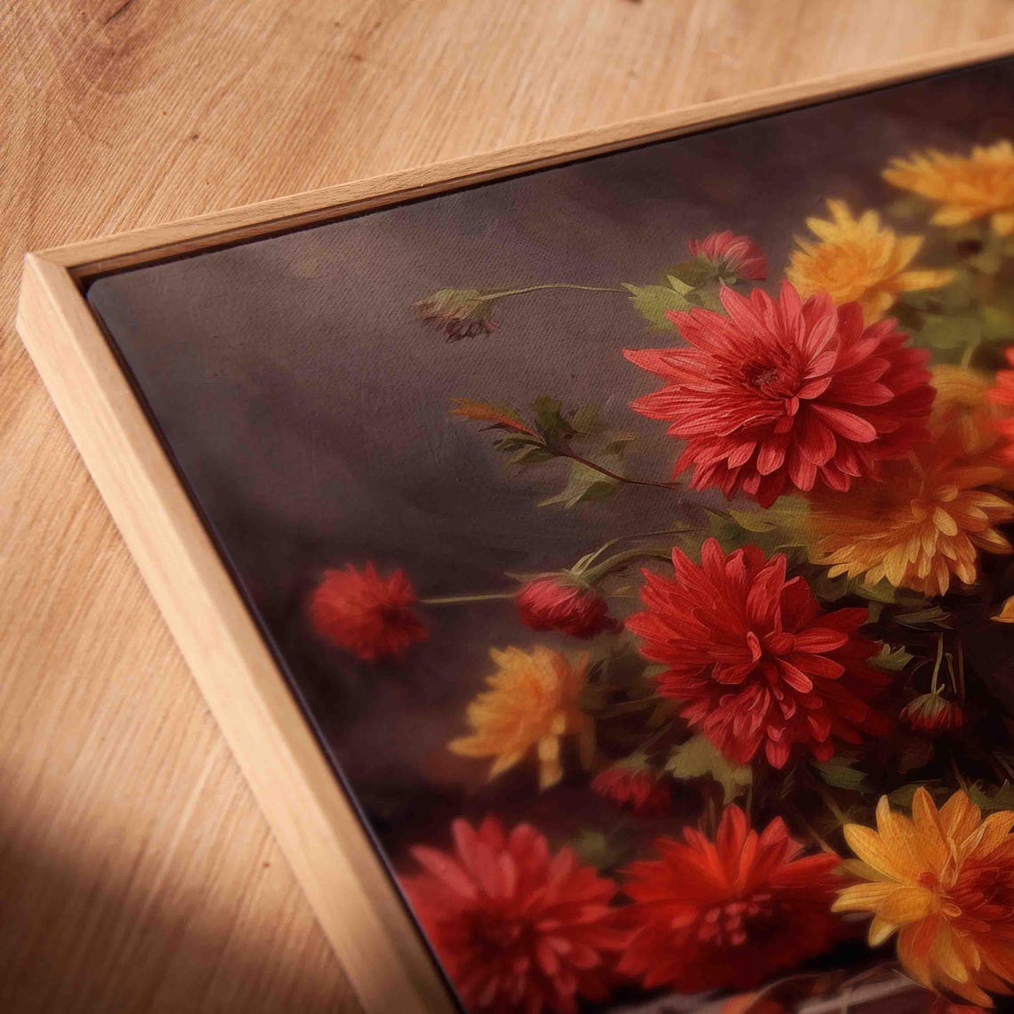 Red And Yellow Chrysanthemums In A Dark Metal Container Poster - Image 3