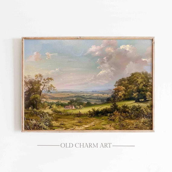 Antique Rustic Landscape Print Vintage Oil Painting Art Warm Tone Country Wall Art Wa22